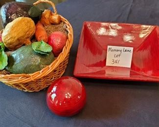 $7 - Home decor lot - Wood bowl, decorative ball & plastic vegi's in a basket