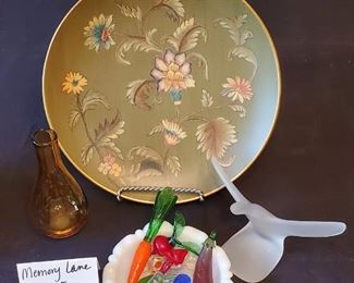 $10 - Home decor lot - Decorative plate, glass candy & fruit, frosted glass bird figurine and brown glass vase