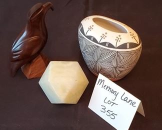 $15 - Concho Acoma 4" pottery, stone decor, wood eagle