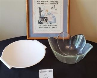 $10 - 12.5" x 14.25" picture, 11" oval bowl and 5"T glass bowl