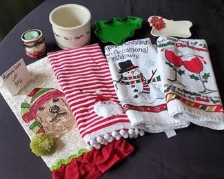 $10 - Christmas lot- 4 Kitchen towels, Longaberger pottery & other misc.