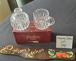 $12 - Gorham Althea crystal sugar & cream set (new) 4.5" tall and a wood sign