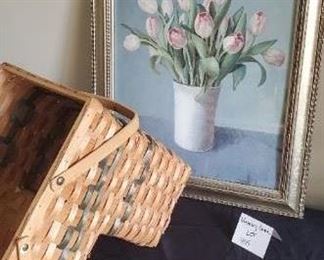 $20 - 24" x 20" Flower picture and a stair basket