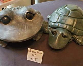 $25 - Outdoor decor. Frog is 9.5"T x 12.5"W and Turtle is 7.5"T & 13"W. Both heavy plastic