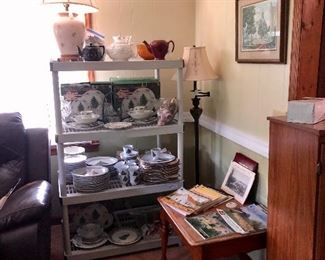Floor lamp, lamp, boxes of Christmas china, Christmas china set, Christmas plates...