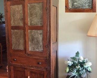Antique Pie Safe with punched tin doors (storage cabinets w shelves), wood birdhouses, small pine table...