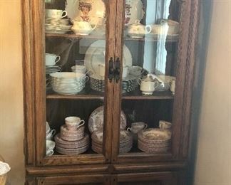 Oak cabinet, Churchhill "The Brook" Pink place setting for 12, Homer Laughlin china 32 pieces, Carlion "Plymouth" china place setting for 8