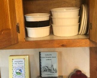 Corning ware in different sizes, cookbooks...