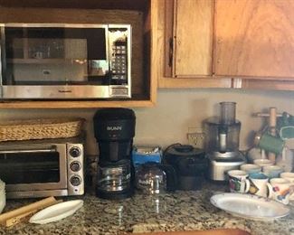 Panasonic microwave, Cuisinart toaster oven, Bunn coffee maker, Waffle maker, Food processor, Pitchers...