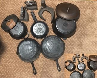 Three pieces Lodge cast iron, Wagner Ware Sidney-0-, 2 cast iron flat irons, Cobblers shoe last stamped Anniston, ALA.