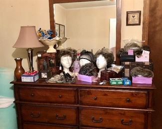 Six drawer dresser with mirror, new wigs (Paula Young), lamp, wood vase and more!
