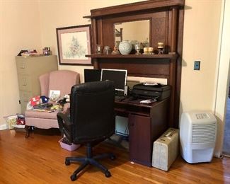 Three drawer file cabinet, ladies pink chair, adjustable rolling desk chair, computer desk, TV, computer, printer, vintage suitcase, Whirlpool Gold Star Energy Dehumidifier...