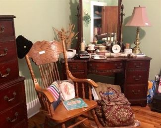 Oak rocker, Dressing table/mirror, bedding, candles, lamp and much more!
