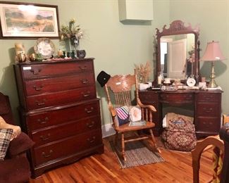 Chest on chest, oak rocker, dressing table, lots of smalls!