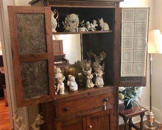 Angel collection and bird houses, one of two pine tables and floor lamp