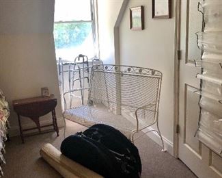 Side table, rug, white metal bench, round folding chair