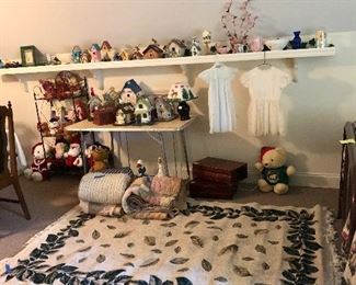 Collection of bird houses, quilts, leaf rug, vintage little girl's dresses plus more!