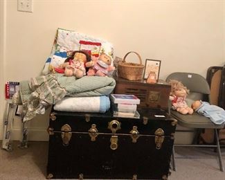 Black trunk, Cabbage Patch dolls, signed basket, vintage radio, Charlie Brown bedspread