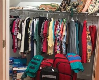 Luggage, linens, great women's clothing, decorative pillows, vintage swimming trunks...