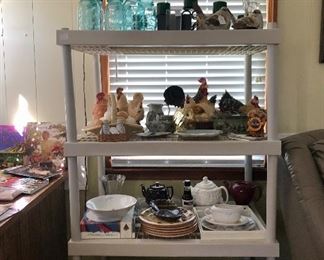 Blue jars, candles, Rooster collection, pottery, tea pots, dishes, cast iron and more!