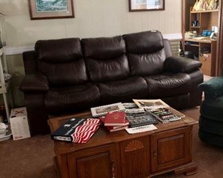 Recliner sofa, oak coffee table , John Kollock prints