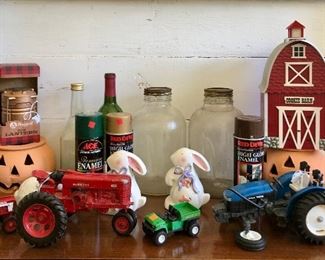 Metal toy tractors, pottery pumpkins, 'Cookie Barn'...