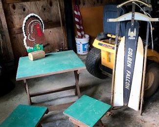Folding children's wood table and stools, vintage sled 'Golden Falcon'...