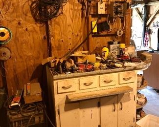 Vintage metal cabinet, lots of tools, nails, wire...