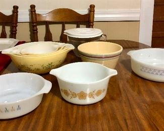 Fire King "candle glow", Pyrex nesting bowls, Watts bowl, Dyna ware casserole
