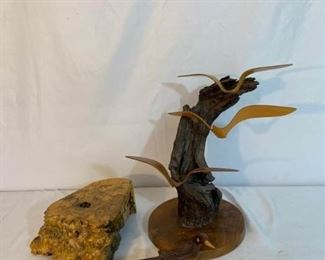 Burl Wood Puzzle Box and Carved Wood Birds
