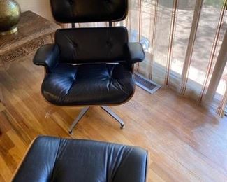 Mid Century Modern Black Leather Chair  Ottoman