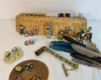 Native American Beaded Characters, Knife, and Feathers