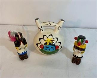 Native American Pottery Wedding Vase and Kachinas