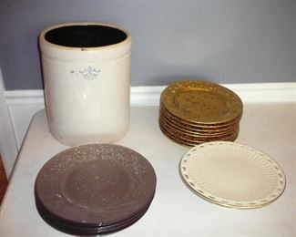 5 gallon crock - two sets of chargers - lenox cake plate 