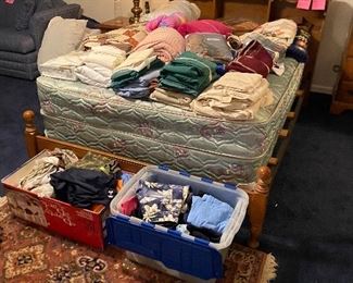 Maple full size bedroom suite, linens, childrens clothing
