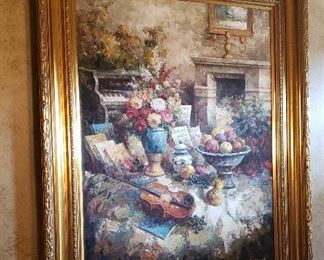 Oil painting w/ piano, violin, floral, fruit $ 350