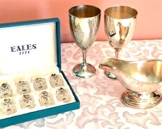 Silver salt & pepper shakers, gravy boat, and pair of silver goblets!