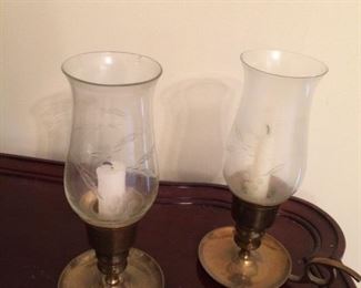 PAIR of small hurricane lamps.... brass with etched glass globes!