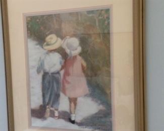 Little boy and girl out for a stroll print in gold frame!
