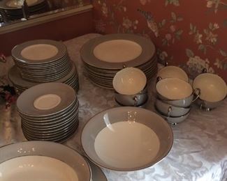 Gray and white china with a silver rim...never goes out of style!