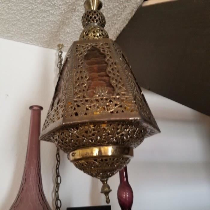 Middle Eastern reticulated brass pendant lamp attributed to India, 1960s, valued at $120.