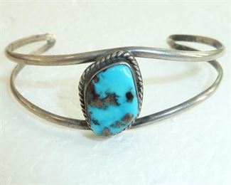 Beautiful turquoise adjustable silver cuff from the 1960s or seventies.  Excellent turquoise with silver matrix and vivid sky blue color!  $118