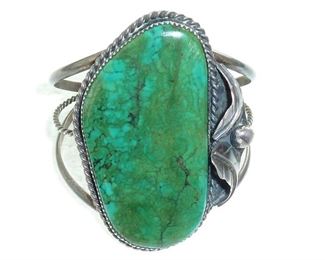 Huge fabulous old green turquoise Navajo cuff bracelet!   Signed R Otten in a sunrise mark. $595