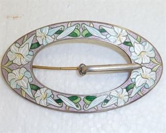 HUGE 3" wide Art Nouveau buckle with absolutely stunning  guilloche enamel in pastel shades of pink, yellow and green trumpet lilies.  Marked STERLING on the back.  $124