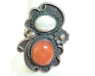 Vintage old Native American Coral and Mother-of-pearl ring.  Size 6, and 1.25" tall.  $78