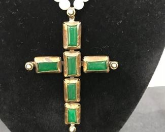 HUGE 3 3/4" Jade and Brass cross strung on genuine pearls.  $325