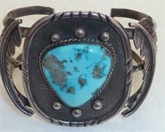 Very old heavy (65g) turquoise Native American cuff bracelet.  Face is 2 1/8" tall.  $585