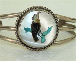 Zuni Native American inlaid turquoise, mother-of-pearl and onyx bird cuff bracelet.  $135