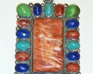 HUGE 3.5" tall Spiny Oyster, Lapis lazuli, gaspeite, and turquoise pendant in excellent condition.  Signed CT and STERLING.  $425