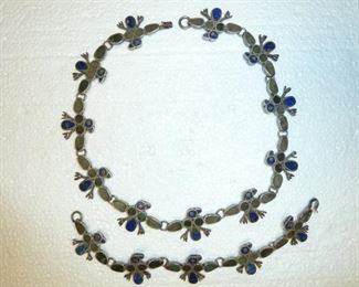 1930s Mexican inlaid Lapis and green turquoise birds necklace and bracelet.  Both pieces are marked TAXCO  and STERLING.  $395